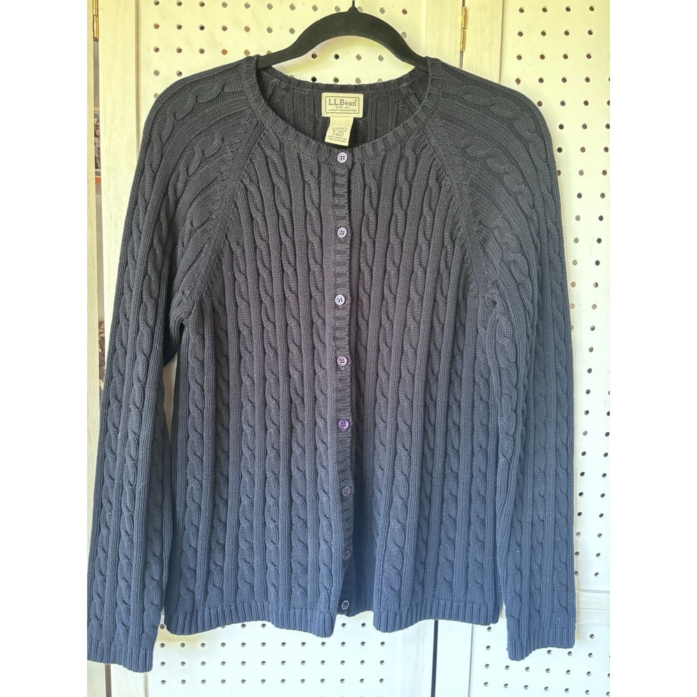 L.L.Bean Women's M Reg Navy Blue Cotton Cable Knit Cardigan Sweater Button - Picture 3 of 5